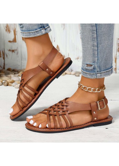 Modlily Dark Coffee Faux Leather Peep Toe Falt - 36