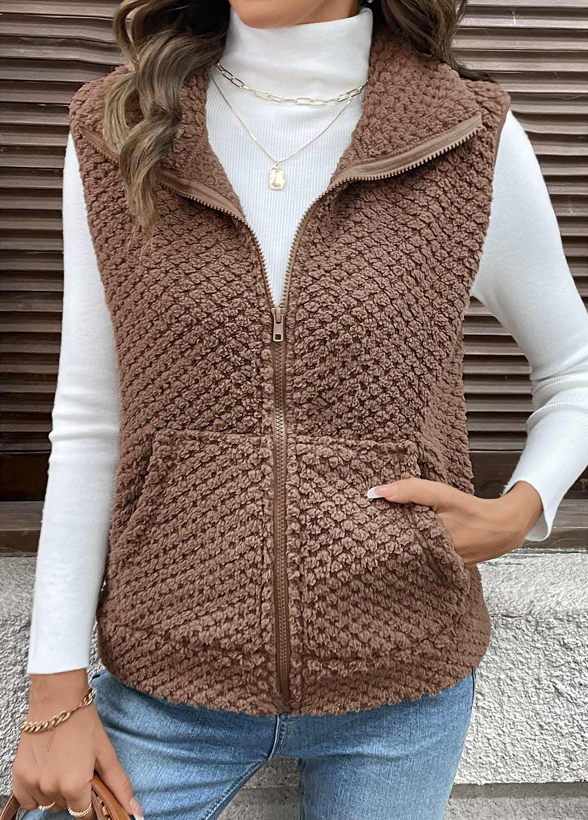 Modlily Dark Coffee Kangaroo Pocket Sleeveless Turn Down Collar Waistcoat - L