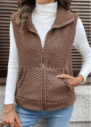 Modlily Dark Coffee Kangaroo Pocket Sleeveless Turn Down Collar Waistcoat - S