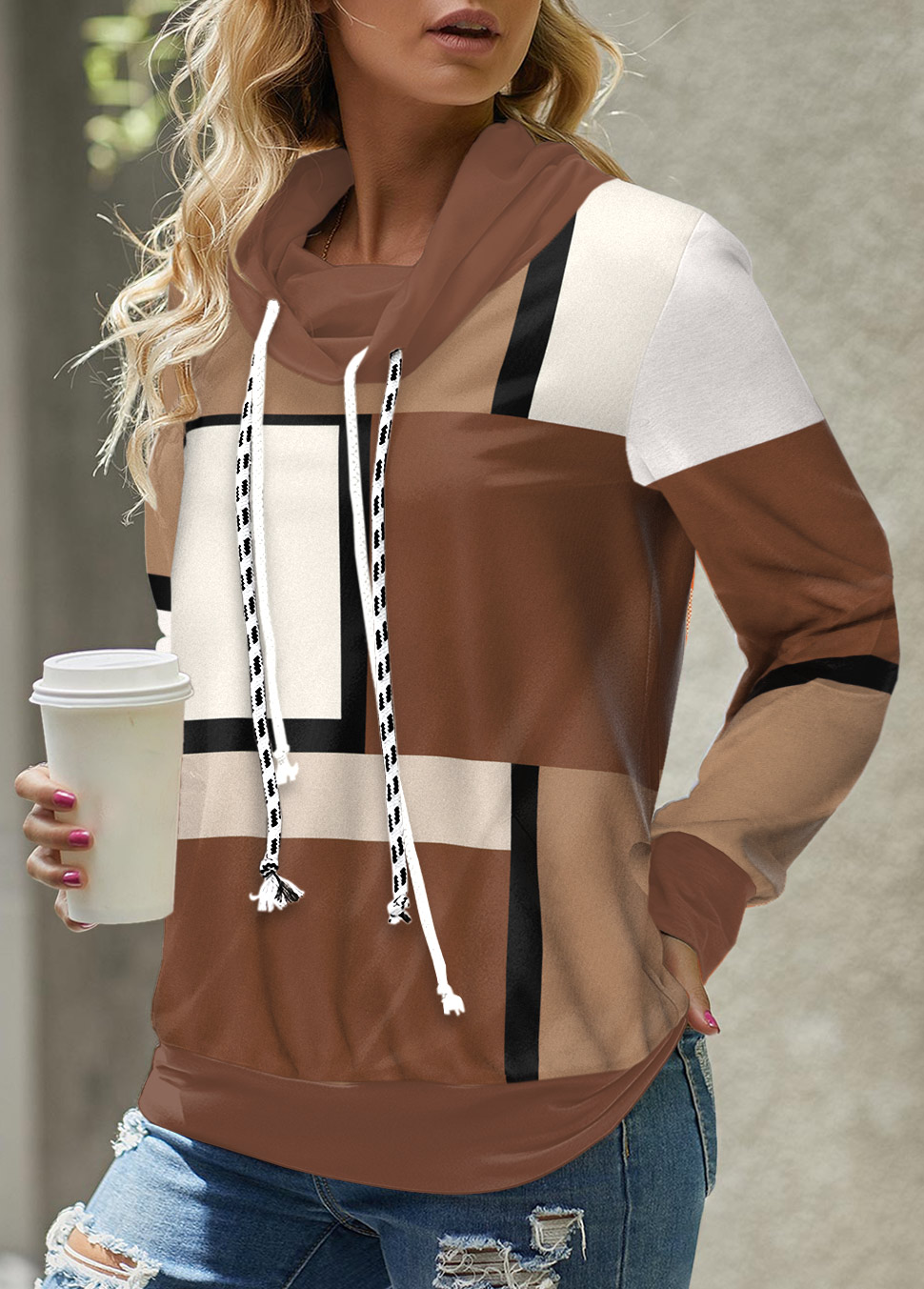 Modlily Dark Coffee Lace Up Geometric Print Sweatshirt - M
