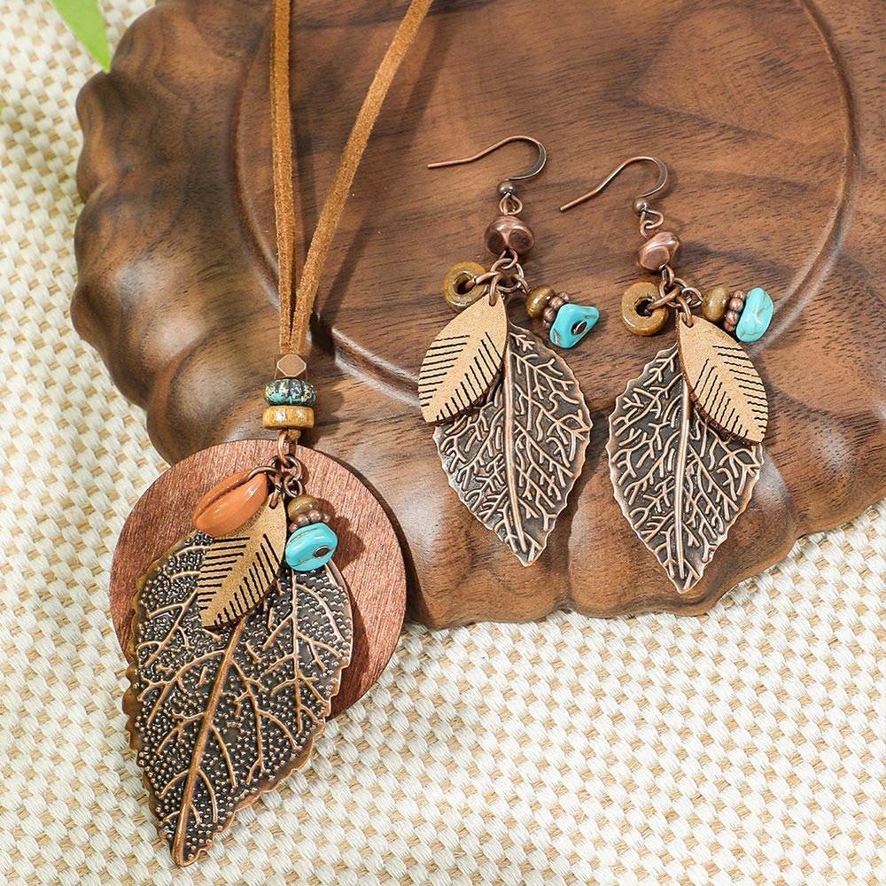 Modlily Dark Coffee Leaf Alloy Earrings and Necklace - One Size