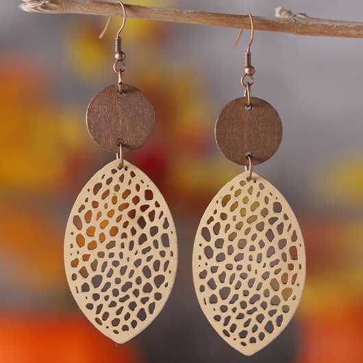 Modlily Dark Coffee Leaf Hollow Wood Earrings - One Size