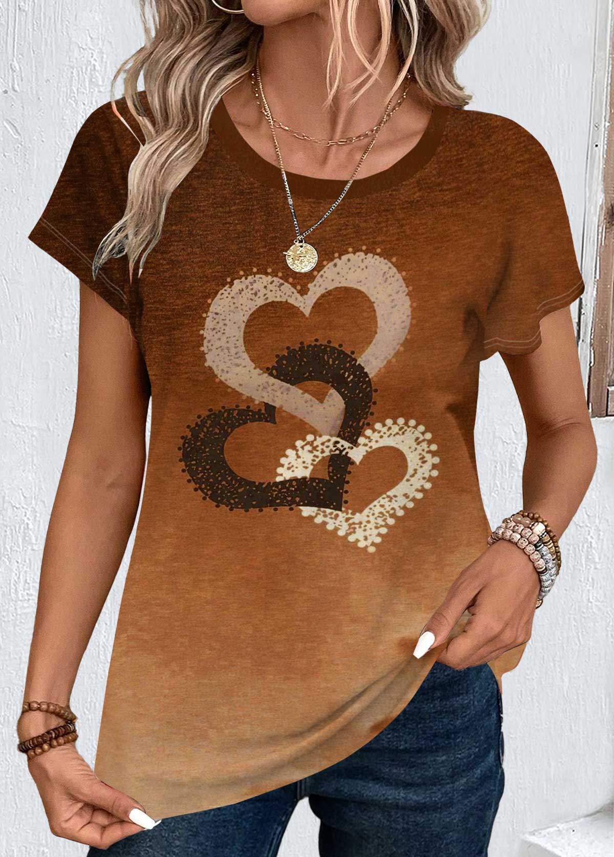 Modlily Dark Coffee Ombre Short Sleeve Round Neck T Shirt - L