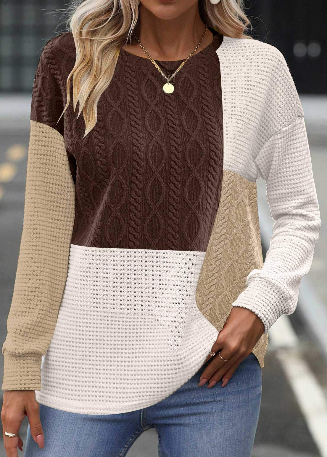 Modlily Dark Coffee Patchwork Long Sleeve Round Neck Sweatshirt - M