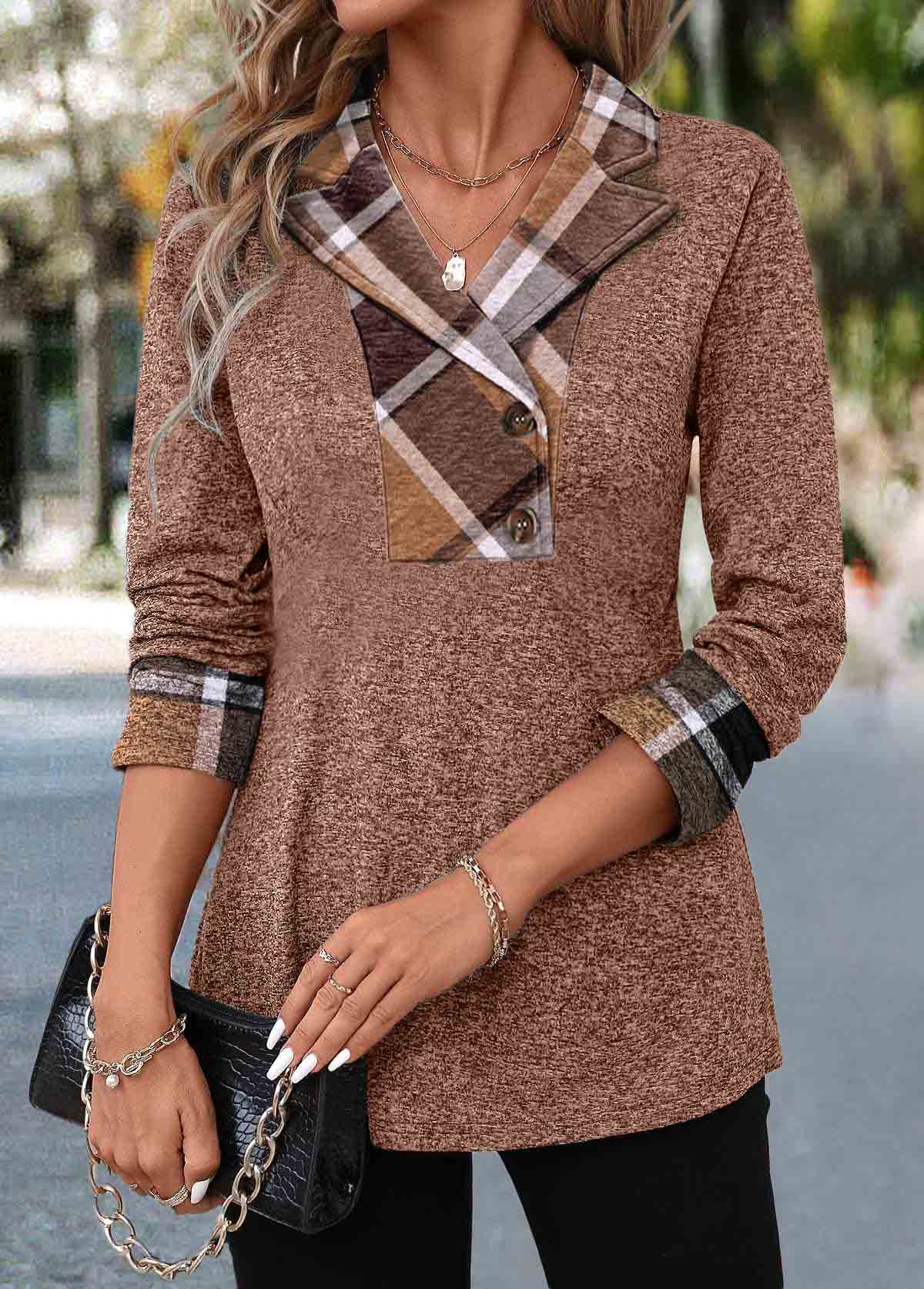 Modlily Dark Coffee Patchwork Plaid Long Sleeve Blouse - XL