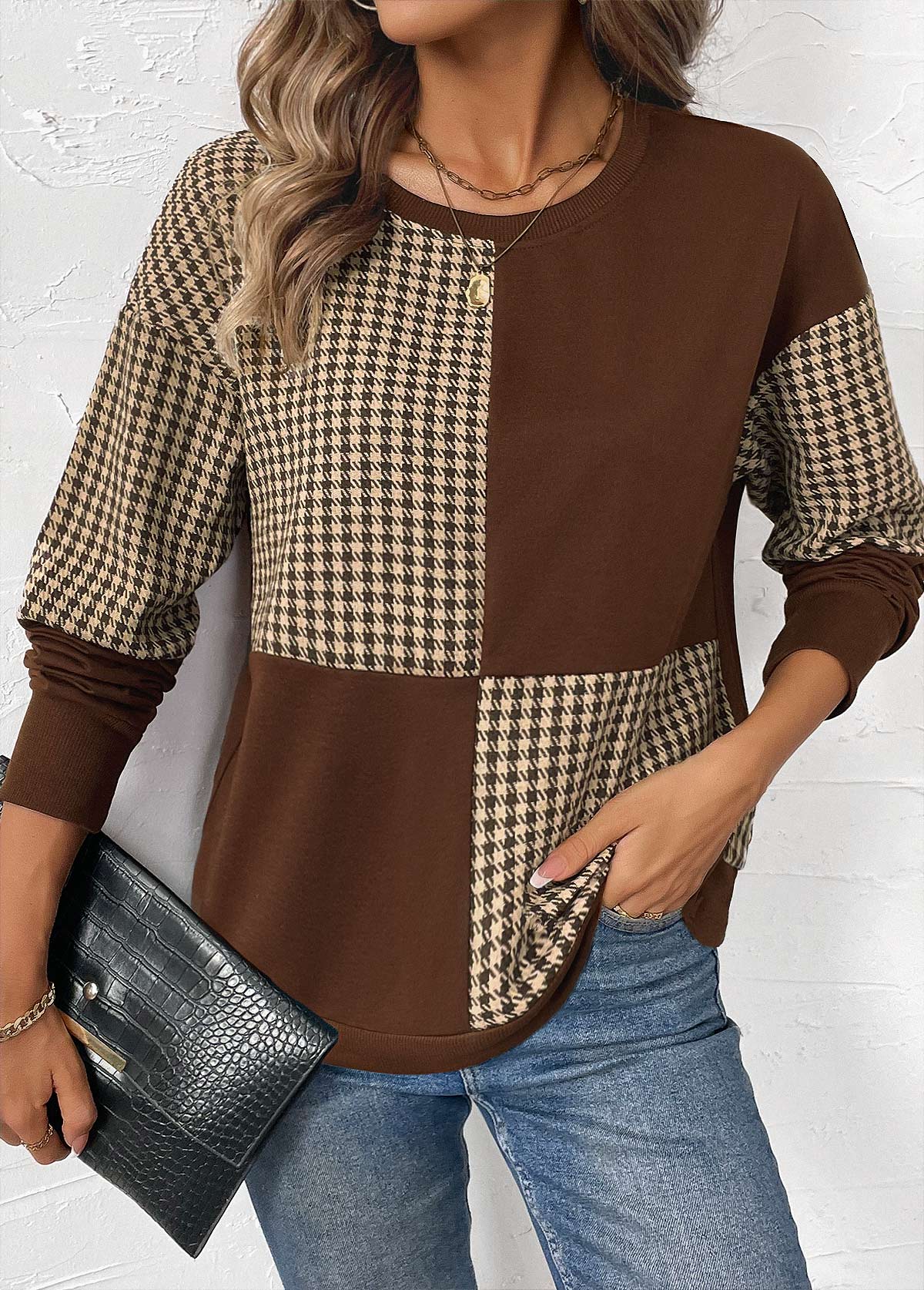Modlily Dark Coffee Patchwork Plaid Long Sleeve Round Neck Sweatshirt - M