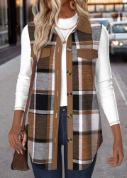 Modlily Dark Coffee Patchwork Plaid Sleeveless Shirt Collar Waistcoat - XXL