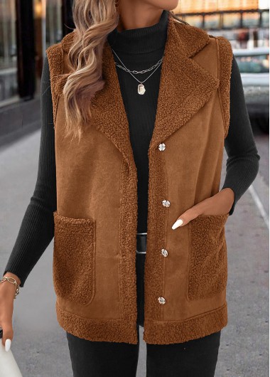 Modlily Dark Coffee Patchwork Sleeveless Turn Down Collar Waistcoat - XXL