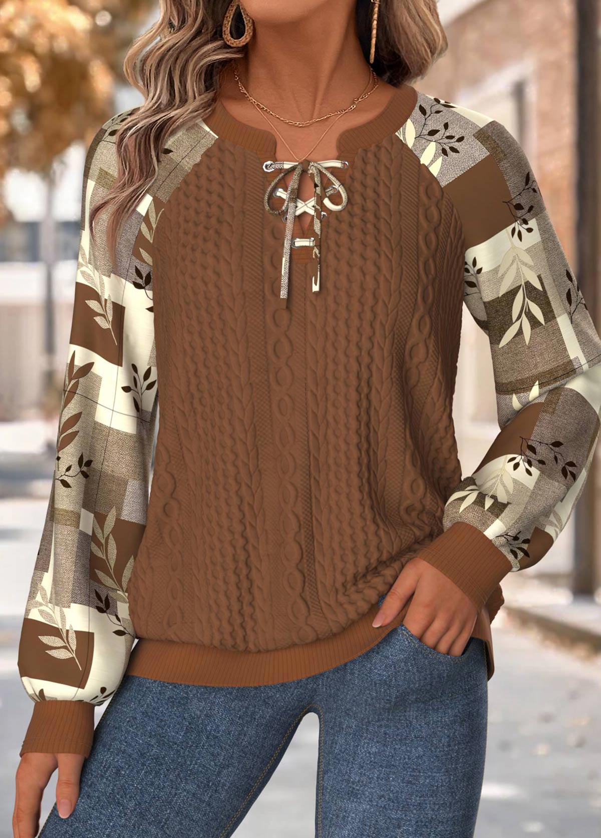 Modlily Dark Coffee Plaid Long Sleeve Split Neck Sweatshirt - M