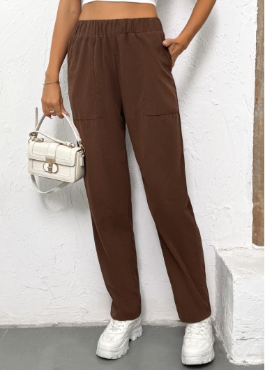Modlily Dark Coffee Pocket Straight Leg Elastic Waist Pants - S