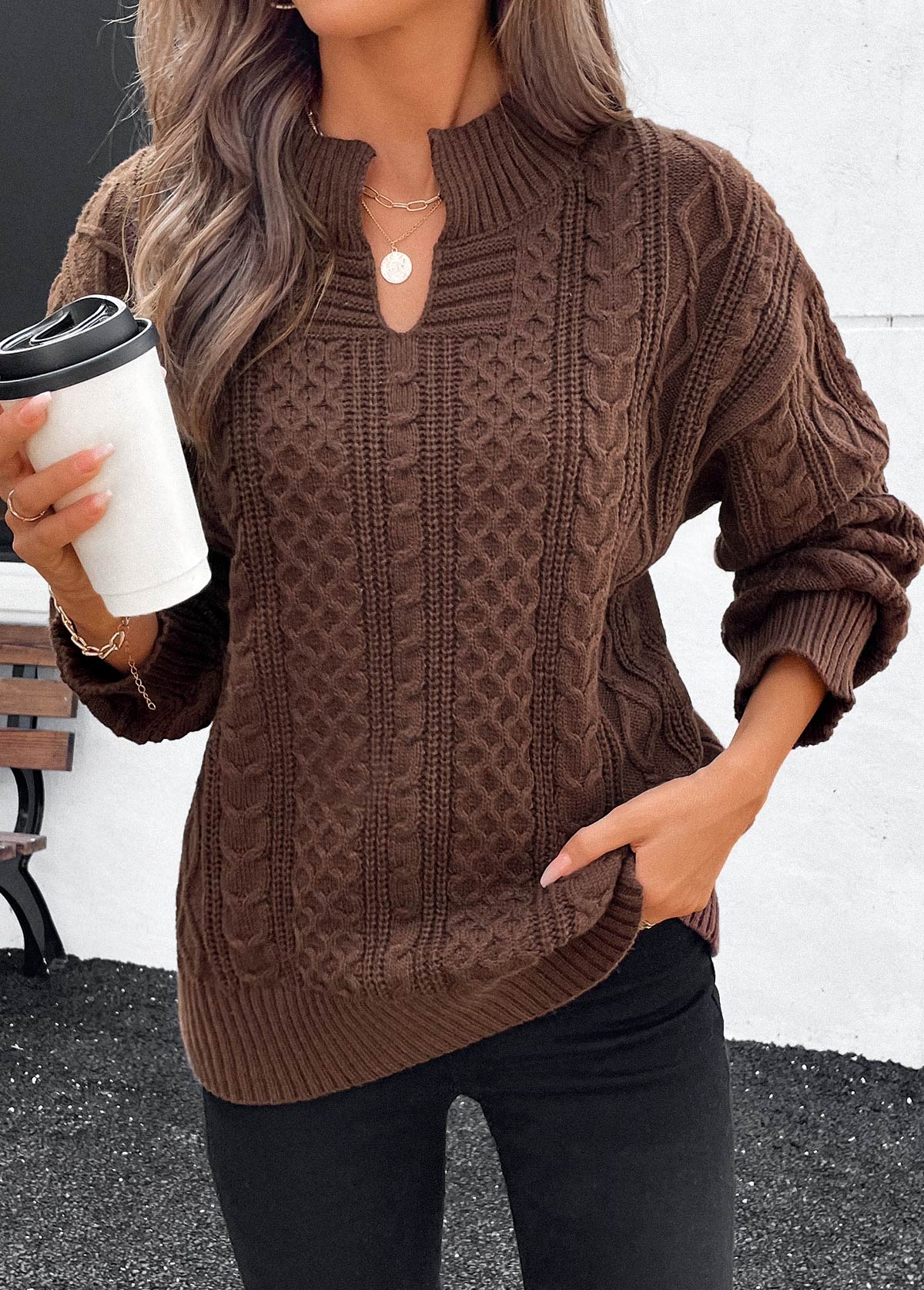 Modlily Dark Coffee Split Long Sleeve Sweater - XL