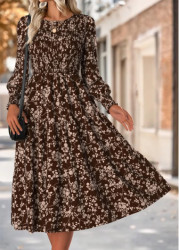 Modlily Dark Coffee Tummy Coverage Ditsy Floral Print Dress - M