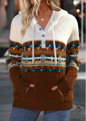 Modlily Dark Coffee Tummy Coverage Fair Isle Print Hoodie - M