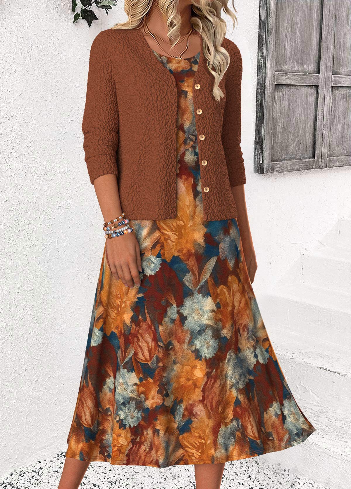 Modlily Dark Coffee Tummy Coverage Long Sleeve Dress and Cardigan - S