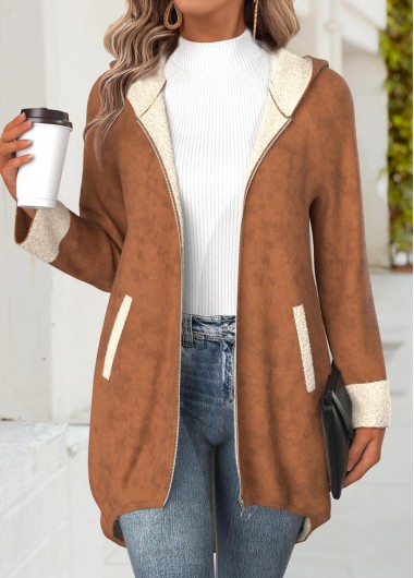 Modlily Dark Coffee Tummy Coverage Long Sleeve Hooded Coat - S