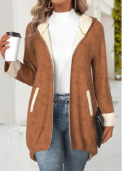 Modlily Dark Coffee Tummy Coverage Long Sleeve Hooded Coat - S