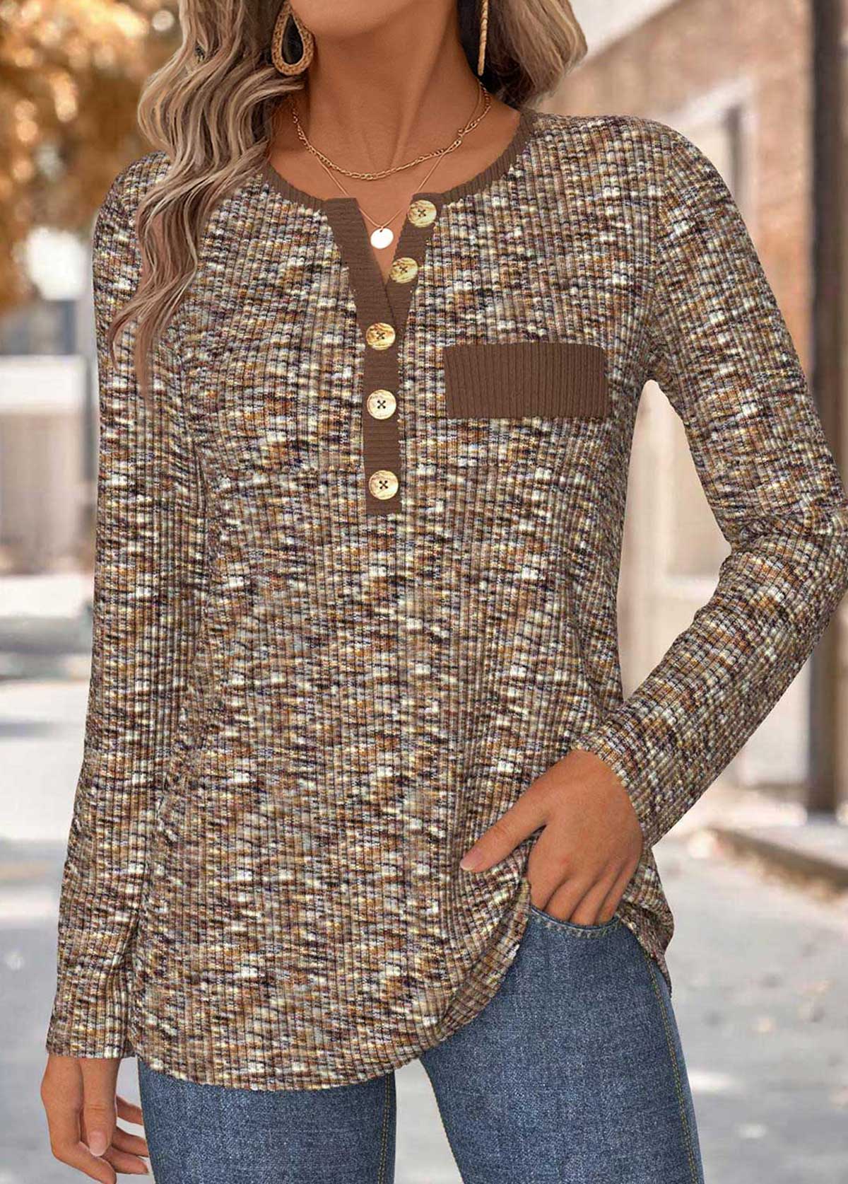 Modlily Dark Coffee Tummy Coverage Long Sleeve T Shirt - M