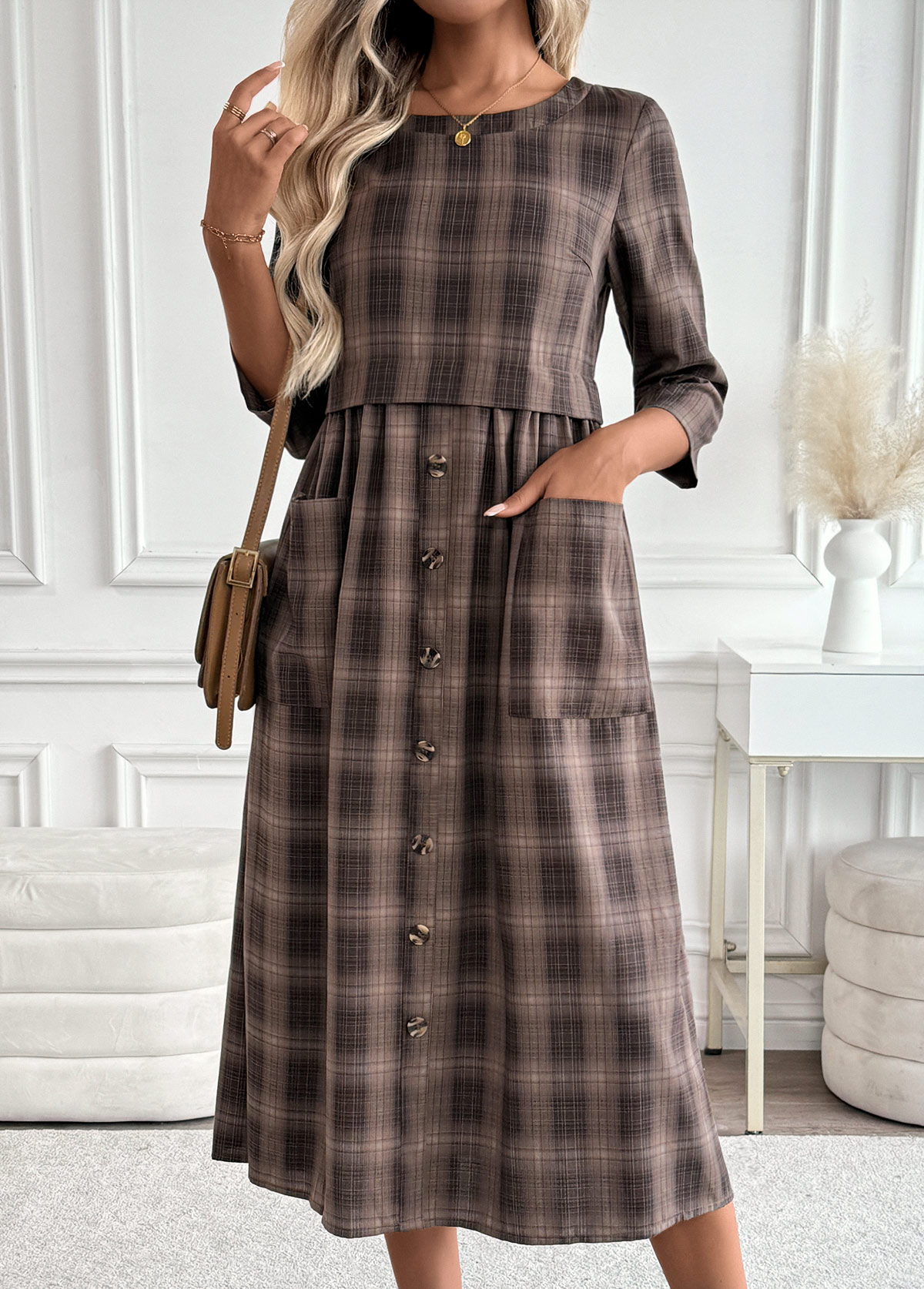 Modlily Dark Coffee Tummy Coverage Plaid 3/4 Sleeve Dress - S