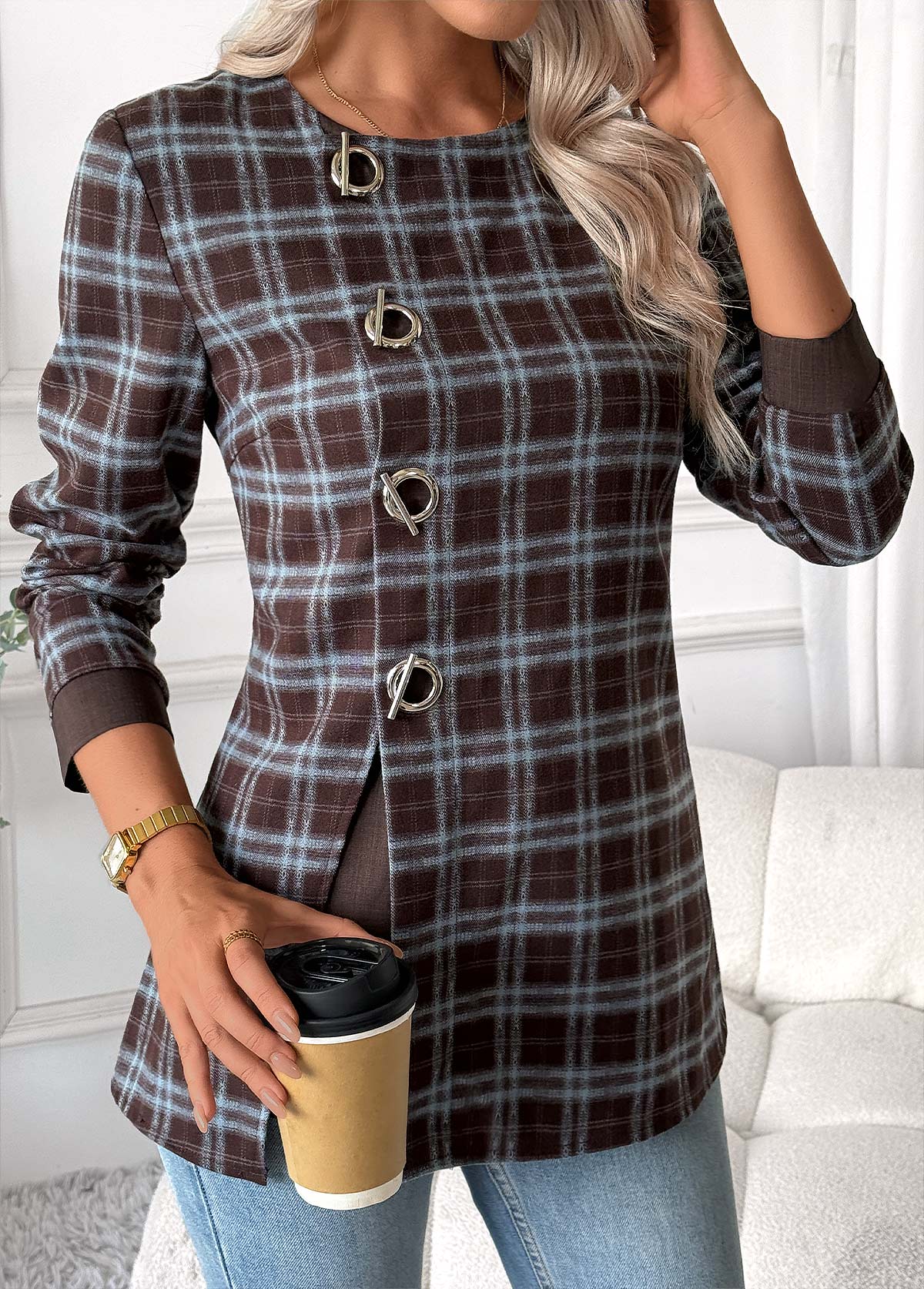 Modlily Dark Coffee Tummy Coverage Plaid Long Sleeve Blouse - M