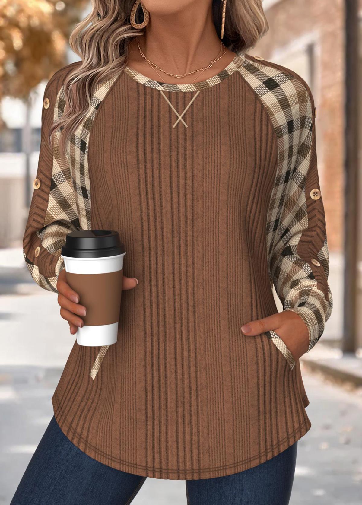 Modlily Dark Coffee Tummy Coverage Plaid Long Sleeve Sweatshirt - L