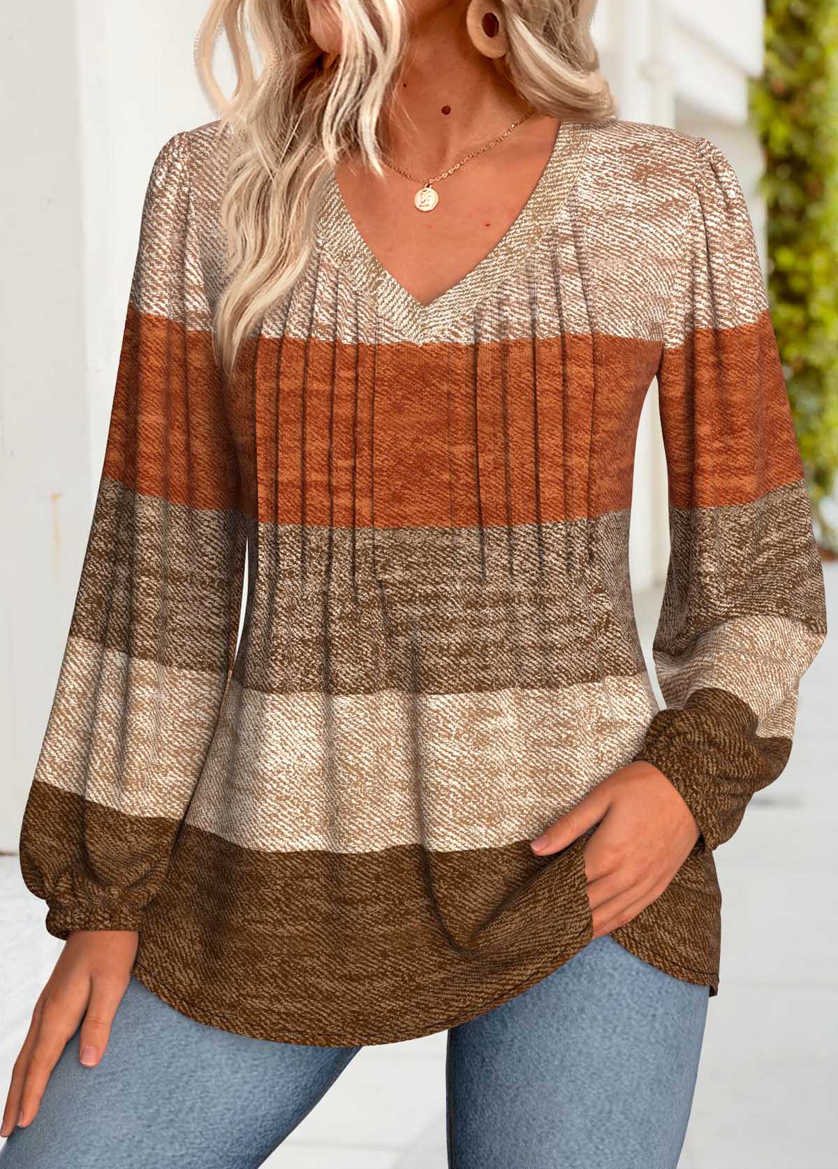 Modlily Dark Coffee Tummy Coverage Striped Long Sleeve Blouse - S
