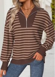 Modlily Dark Coffee Tummy Coverage Striped Long Sleeve Sweatshirt - M
