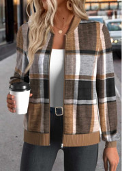 Modlily Dark Coffee Zipper Plaid Long Sleeve Stand Collar Jacket - L
