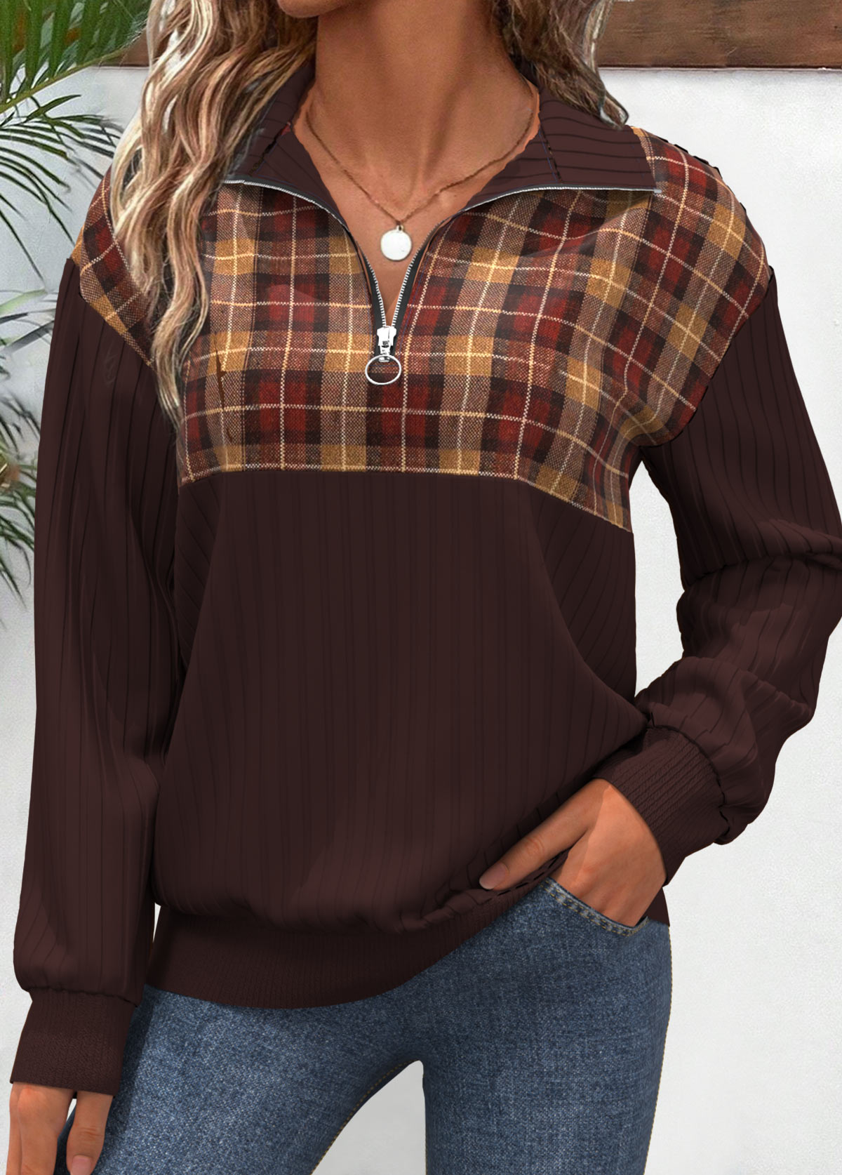 Modlily Dark Coffee Zipper Plaid Long Sleeve V Neck Sweatshirt - L