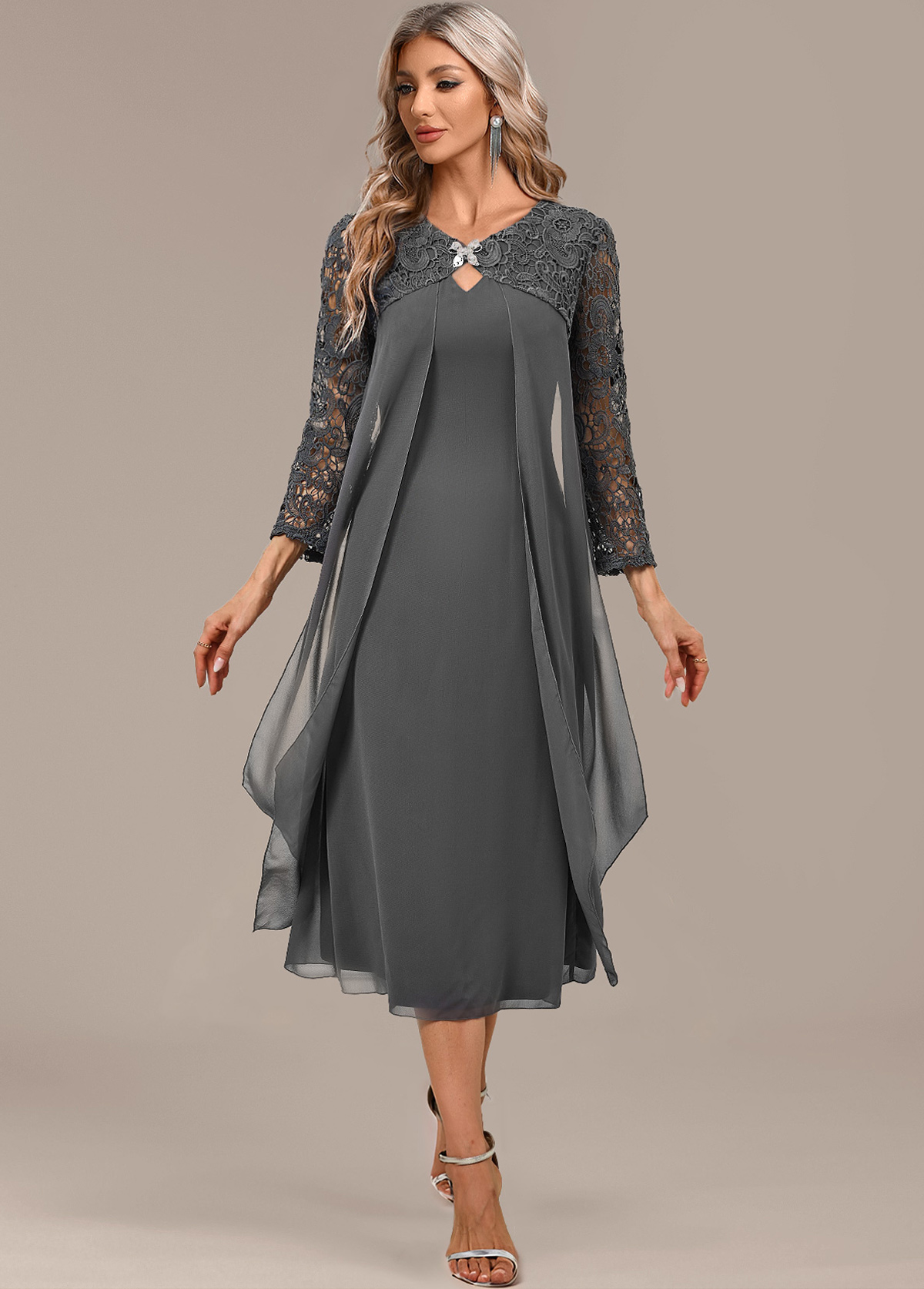 Modlily Dark Grey A Line 3/4 Sleeve Round Neck Dress - S