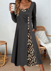 Modlily Dark Grey Asymmetry Leopard A Line Long Sleeve Dress - XL