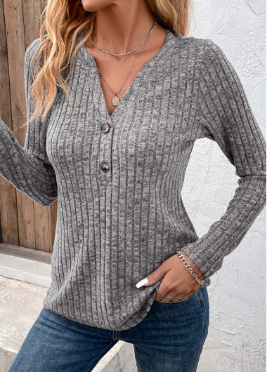 Modlily Dark Grey Button Long Sleeve Split Neck T Shirt - L
