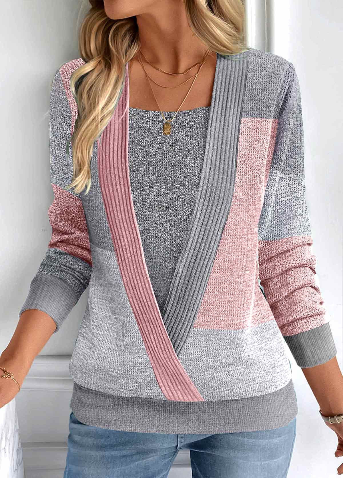 Modlily Dark Grey Fake 2in1 Long Sleeve Square Neck Sweatshirt - M