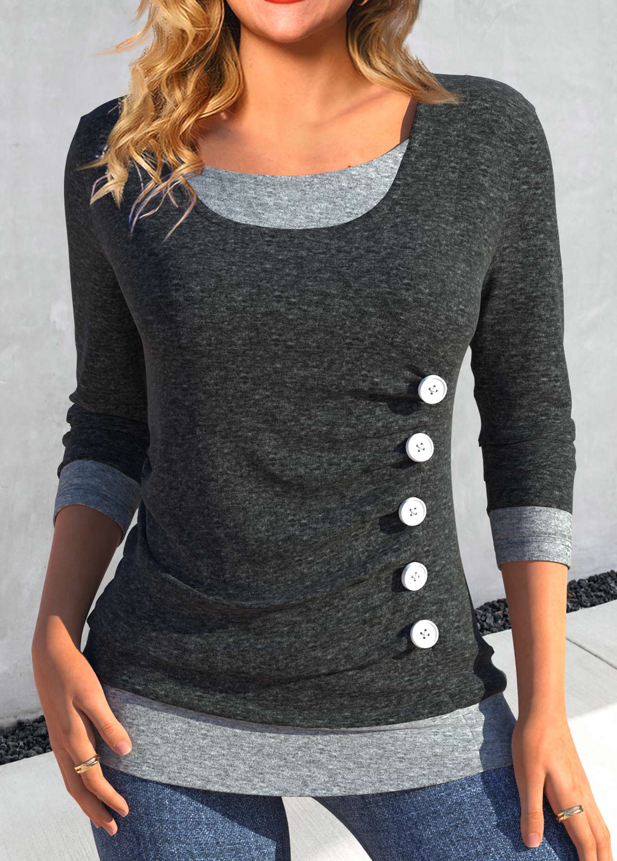 Modlily Dark Grey Fake 2in1 T Shirt - XL