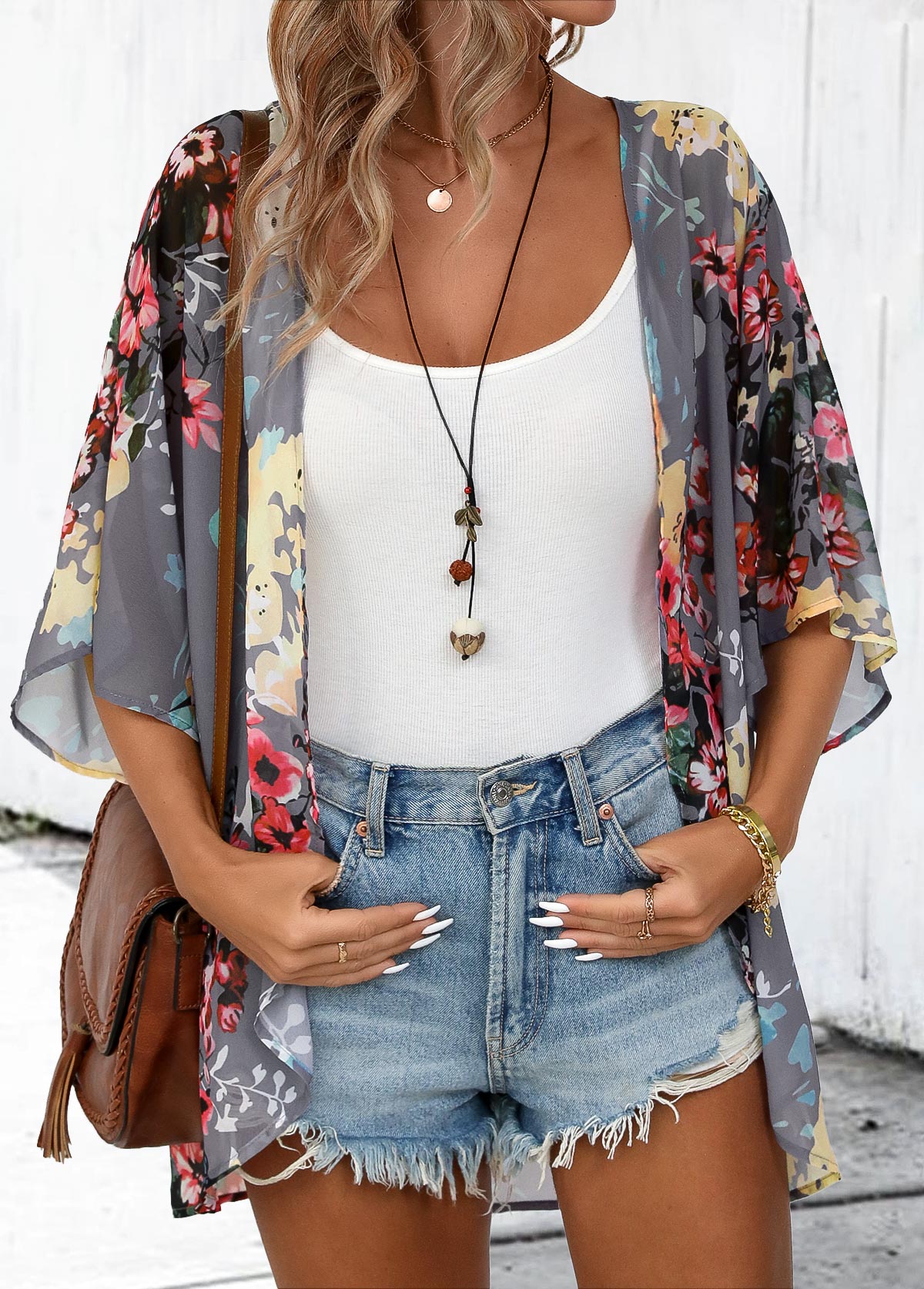Modlily Dark Grey Floral Print 3/4 Sleeve Light Cardigan - S