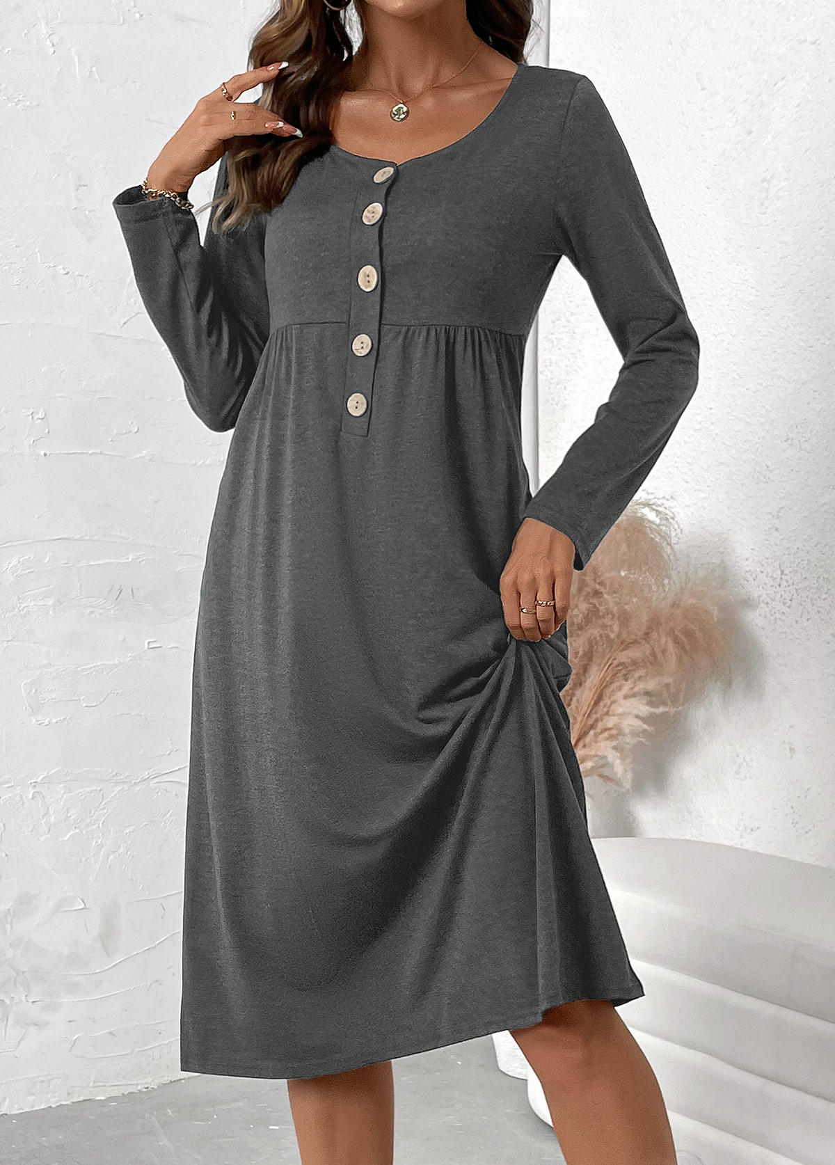 Modlily Dark Grey Marl Button Long Sleeve Scoop Neck Dress - XL