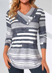 Modlily Dark Grey Marl Button Striped Long Sleeve T Shirt - M