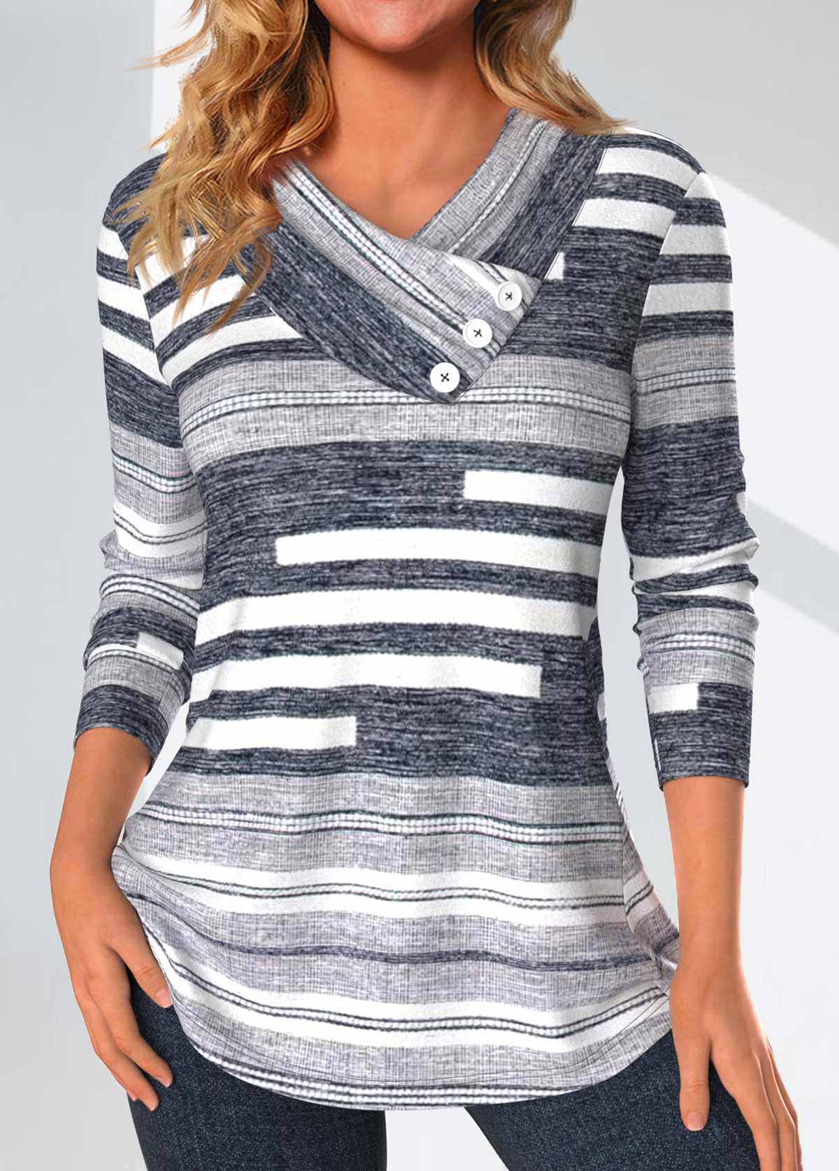 Modlily Dark Grey Marl Button Striped Long Sleeve T Shirt - L