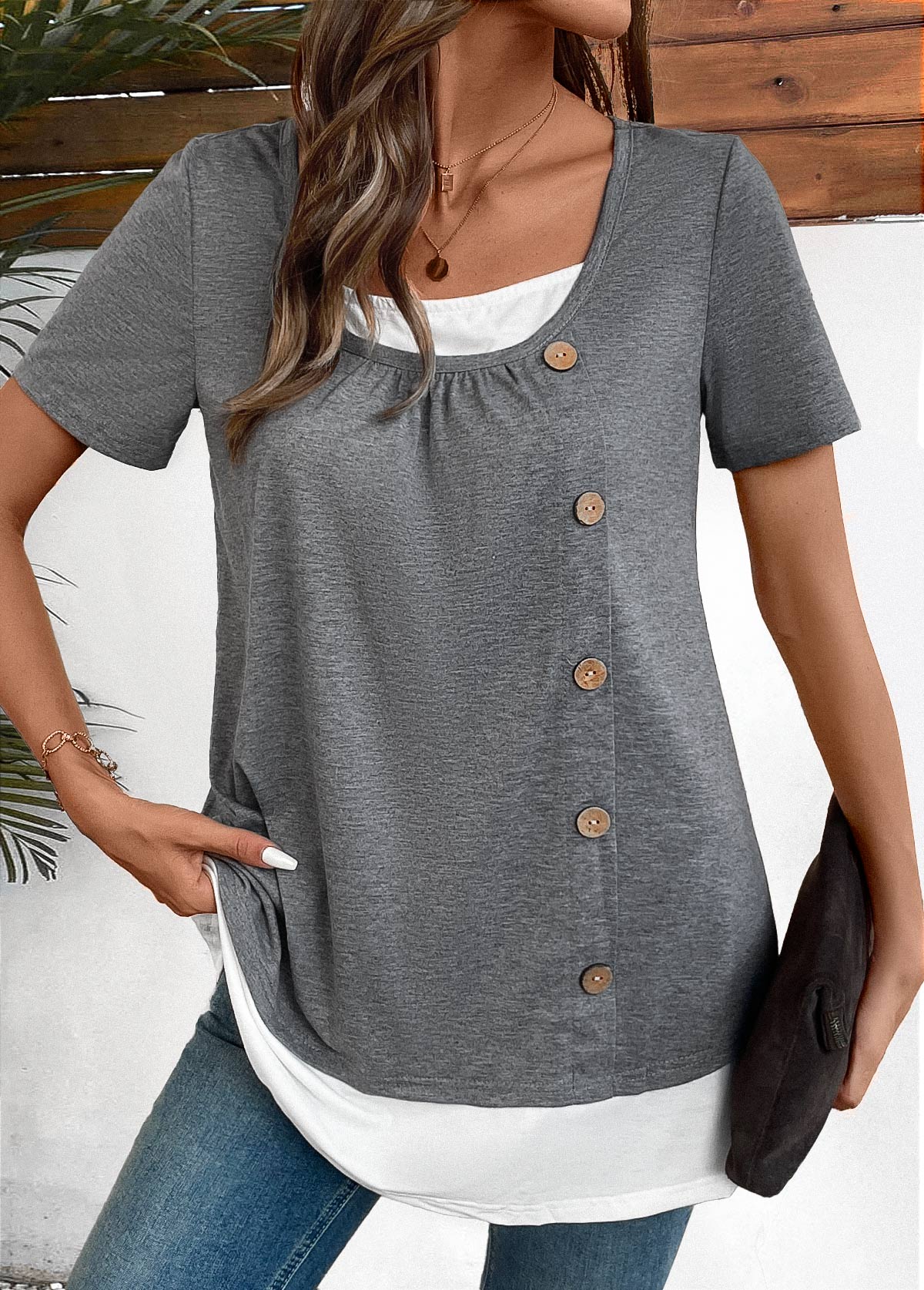 Modlily Dark Grey Marl Fake 2in1 Short Sleeve Shirt - S