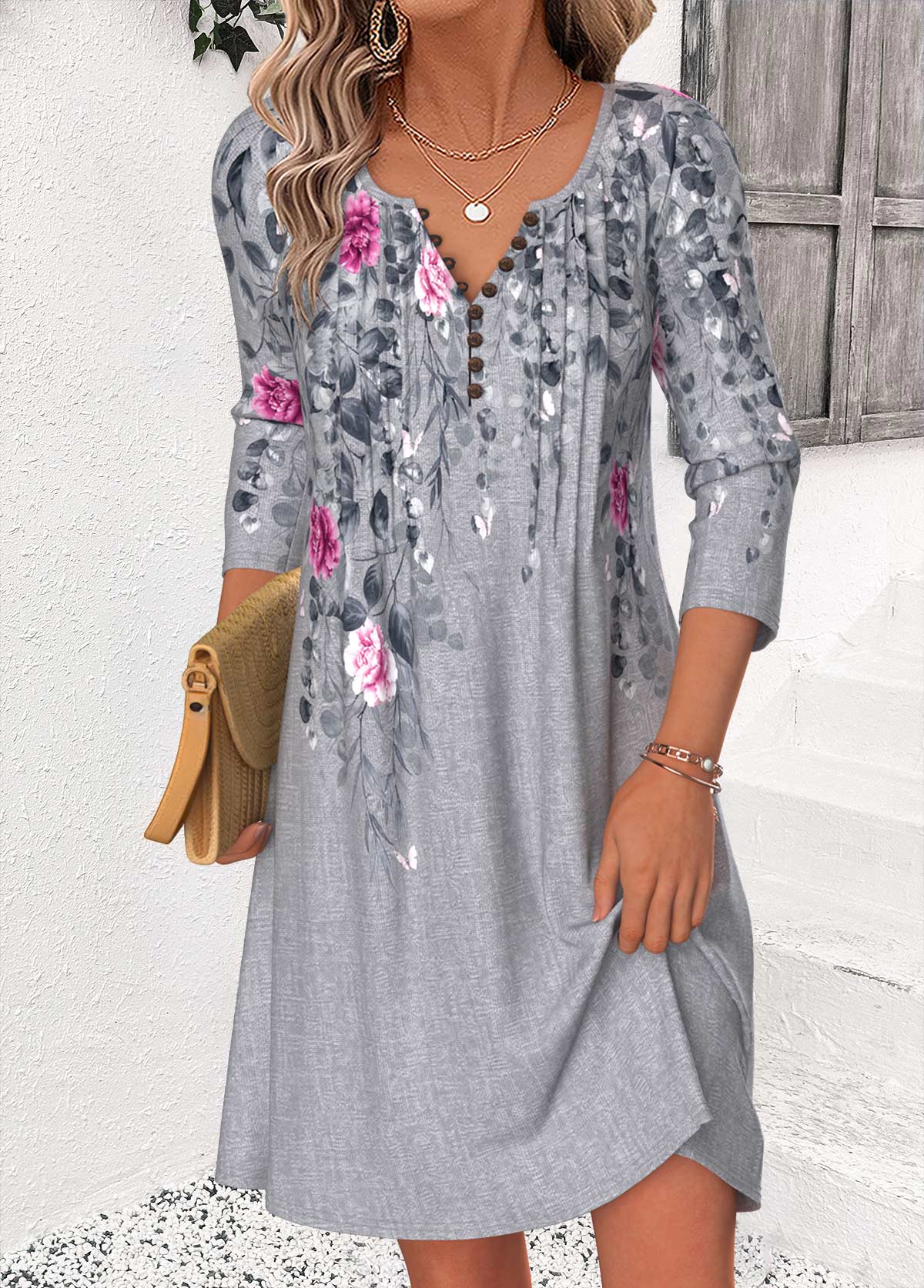 Modlily Dark Grey Marl Floral Print Short Tuck Stitch Dress - S