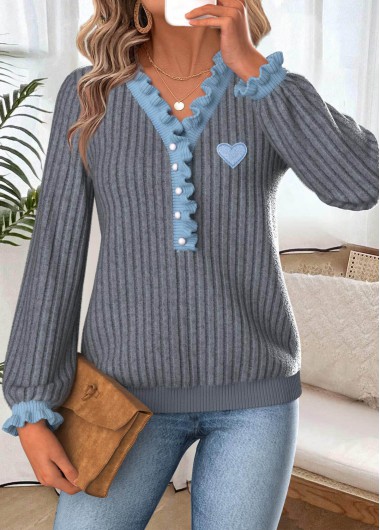 Modlily Dark Grey Marl Frill Long Sleeve T Shirt - M