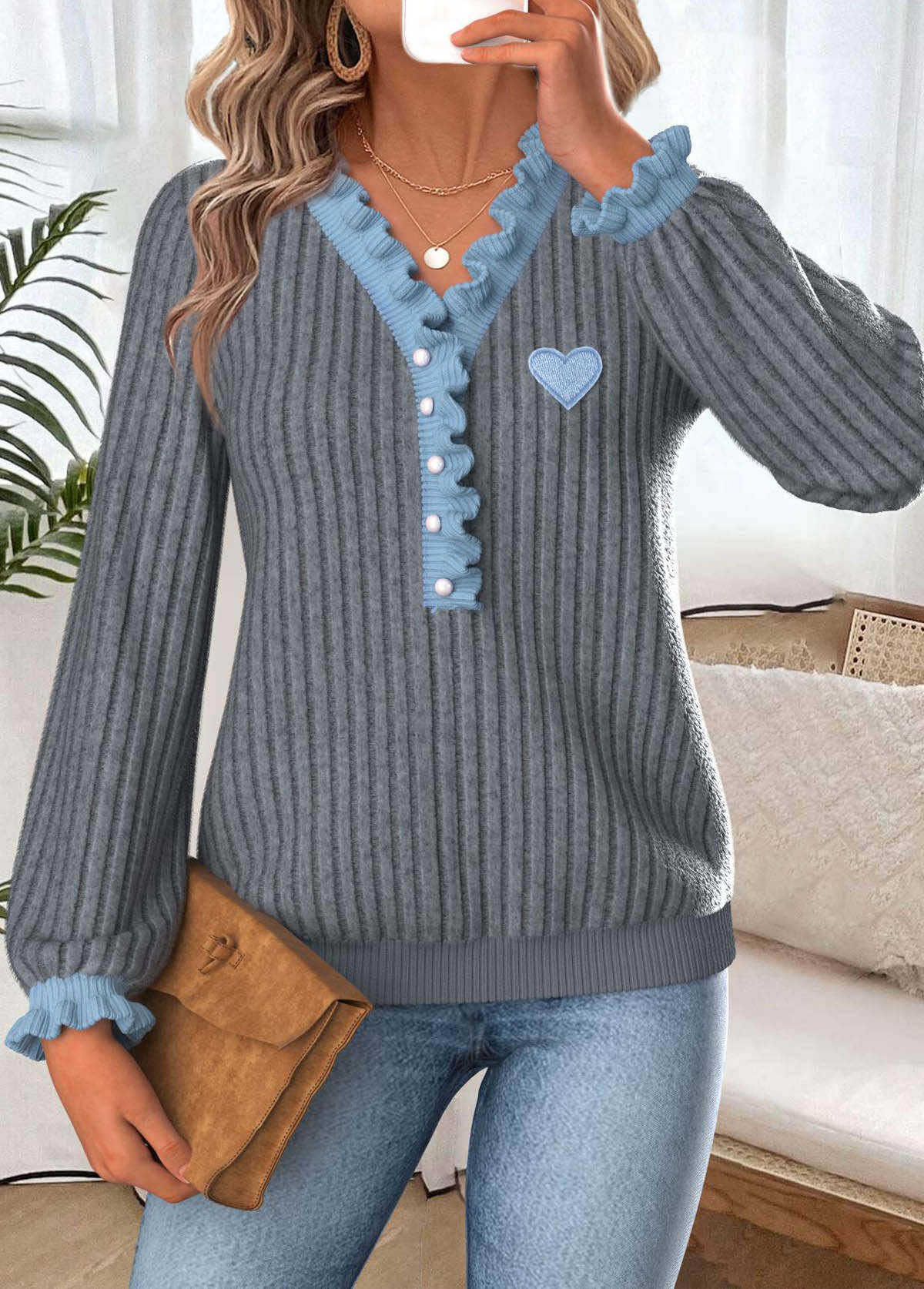 Modlily Dark Grey Marl Frill Long Sleeve T Shirt - M