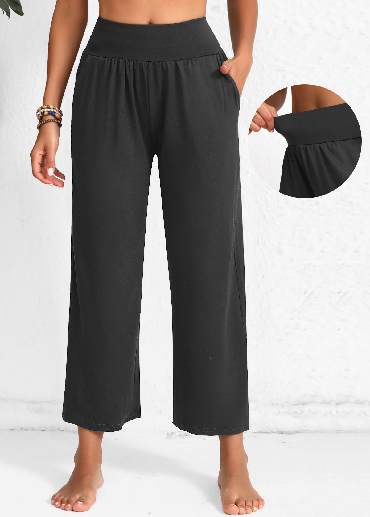 Modlily Dark Grey Marl Pocket Elastic Waist High Waisted Pants - M