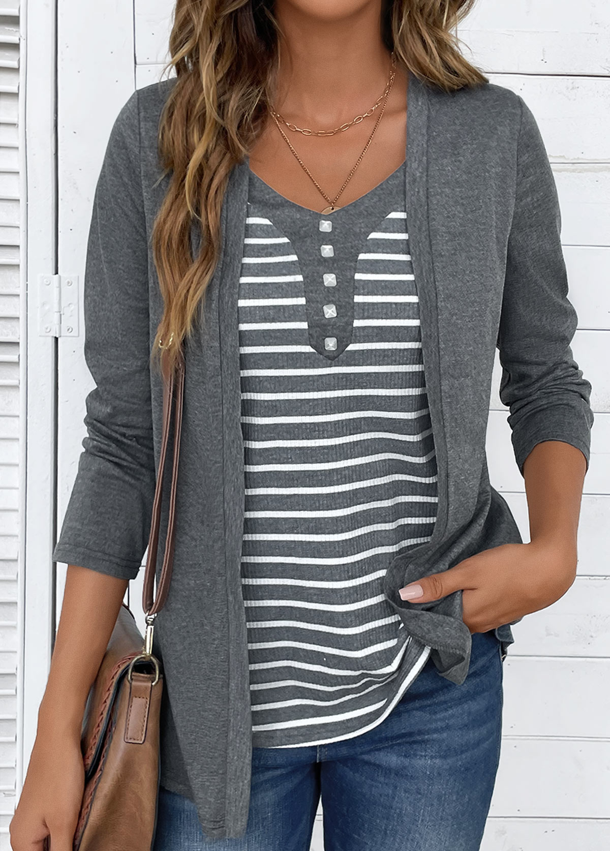 Modlily Dark Grey Marl Striped Fake Two Piece Twinset - S