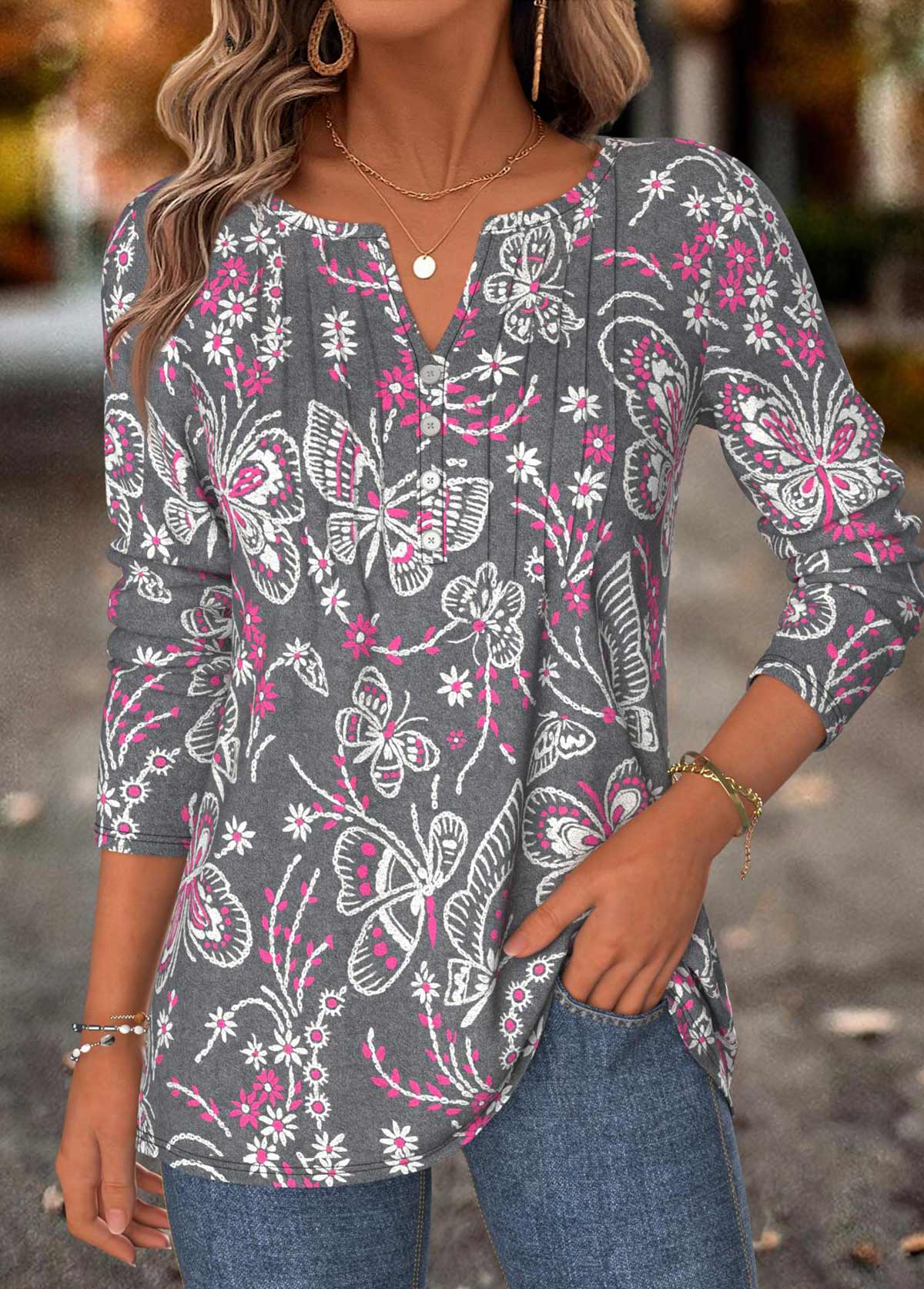 Modlily Dark Grey Marl Tummy Coverage Butterfly Print T Shirt - M