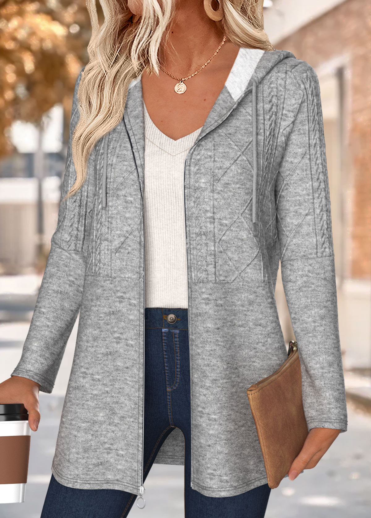 Modlily Dark Grey Marl Tummy Coverage Long Sleeve Hooded Coat - S