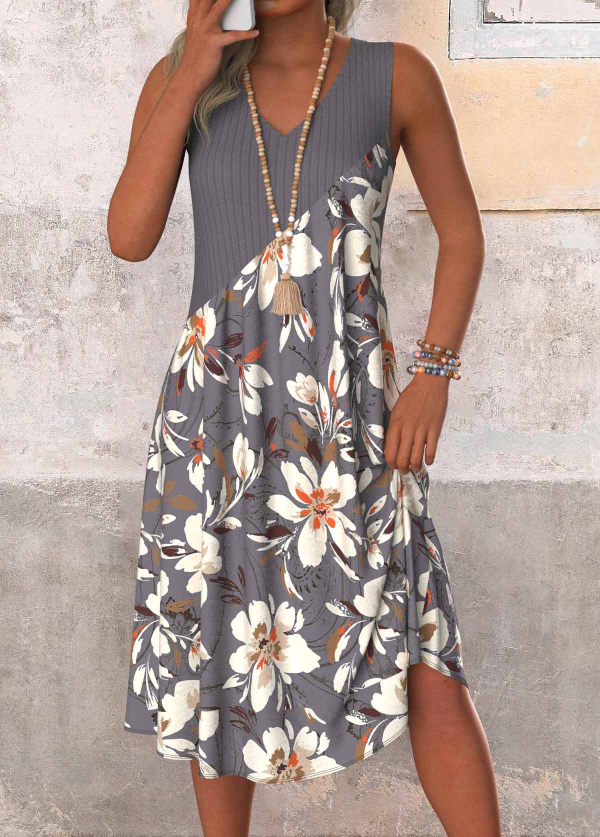 Modlily Dark Grey Patchwork Floral Print A Line Sleeveless Dress - M