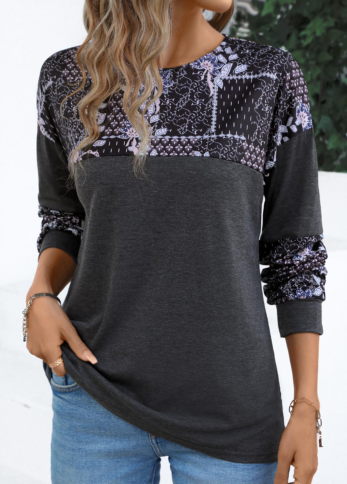 Modlily Dark Grey Patchwork Tribal Print Long Sleeve T Shirt - 2XL
