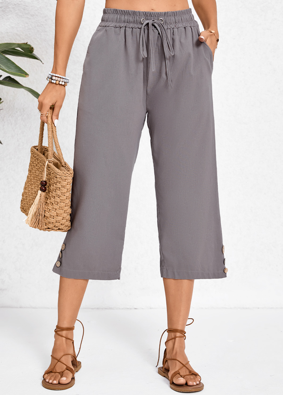 Modlily Dark Grey Pocket Elastic Waist High Waisted Capri Pants - 2XL