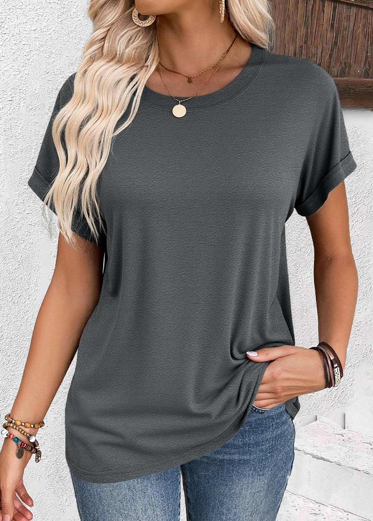 Modlily Dark Grey Short Sleeve Round Neck T Shirt - M