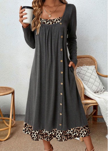 Modlily Dark Grey Tummy Coverage Leopard Long Sleeve Dress - S